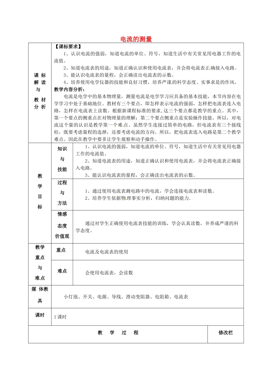 甘肃省武威第十一中学九年级物理全册 第十五章 第4节 电流的测量教案2 （新版）新人教版_第1页