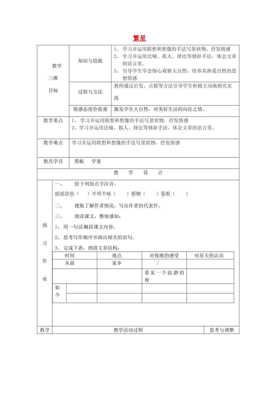 江苏省启东市惠萍初级中学八年级语文《繁星》教案 新人教版_第1页