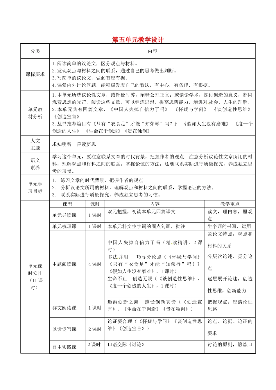 辽宁省法库县九年级语文上册 第五单元教学设计 新人教版-新人教版初中九年级上册语文教案_第1页