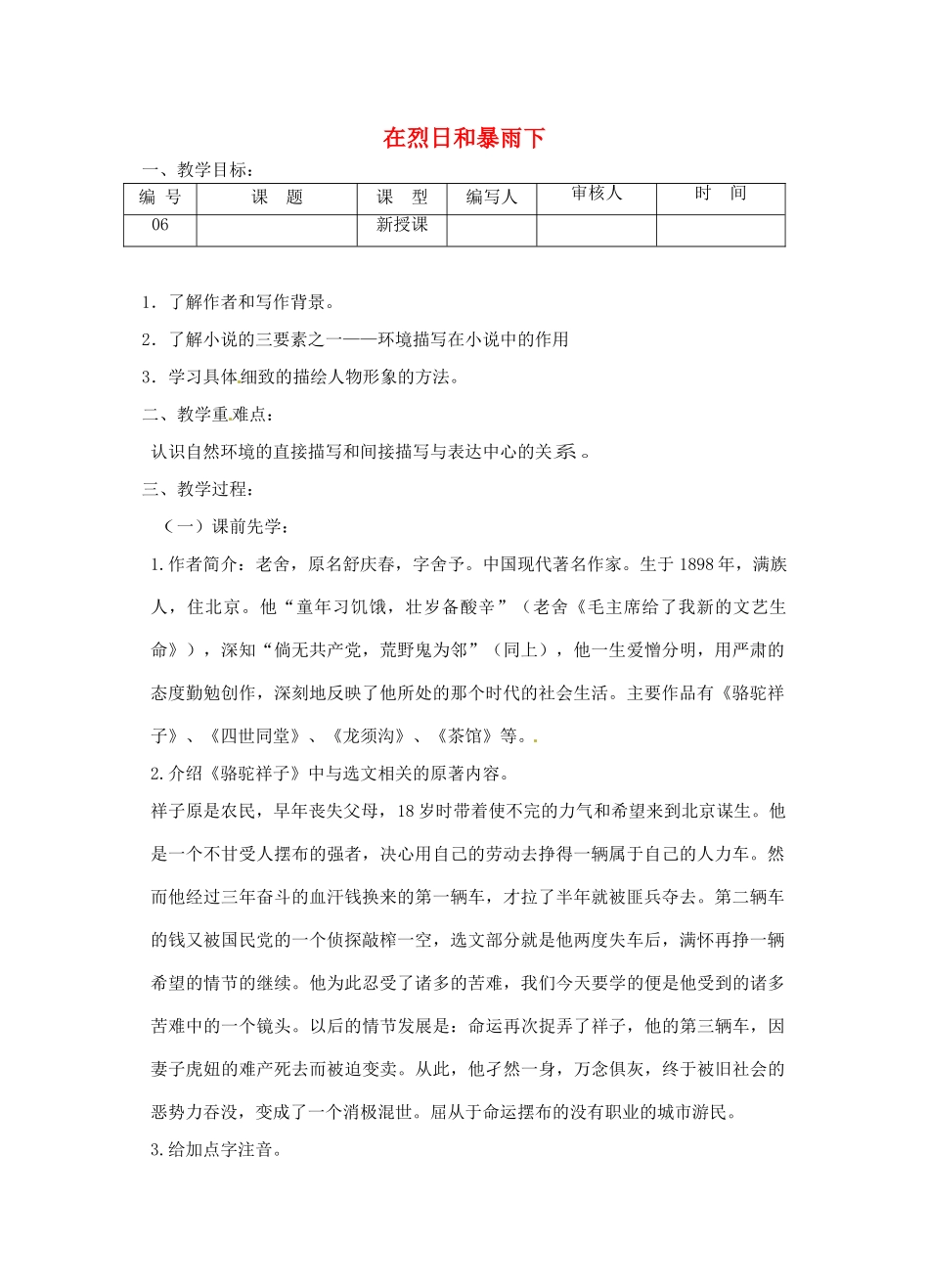 江苏省灌南县实验中学九年级语文上册《在烈日和暴雨下》教案（1）_第1页