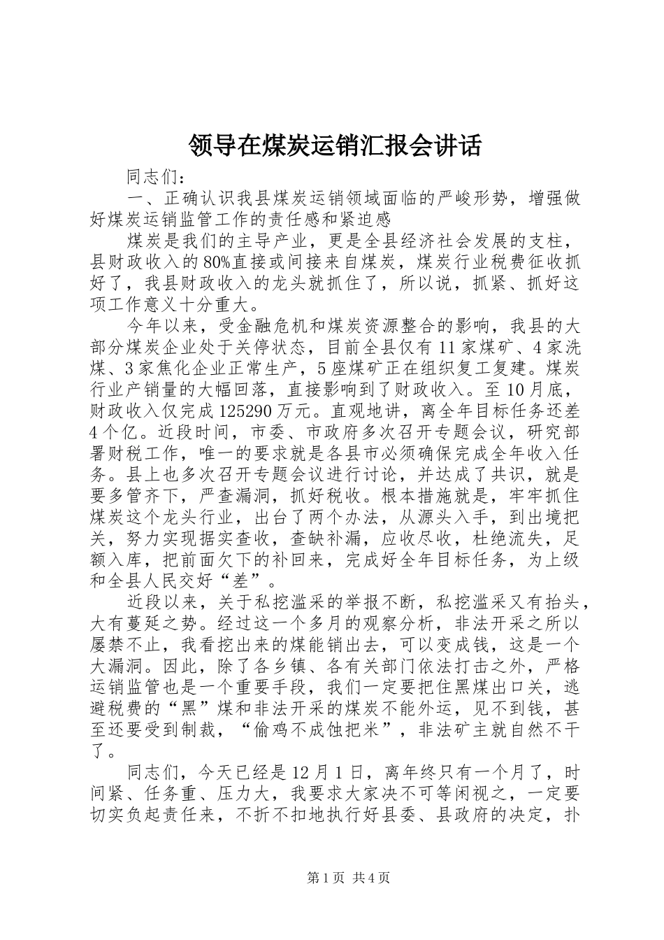 领导在煤炭运销汇报会讲话发言_第1页