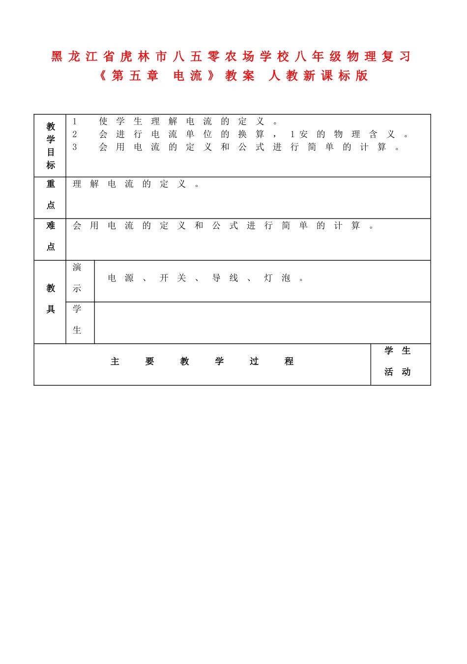 黑龙江省虎林市八五零农场学校八年级物理复习《第五章 电流》教案 人教新课标版_第1页