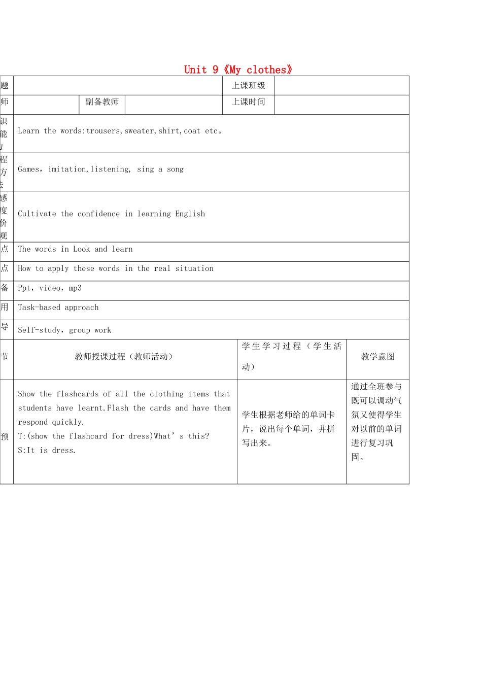 二年级英语下册 Module 3 Things around us Unit 9《My clothes》（第2课时）教案（新版）沪教牛津版-沪教牛津版小学二年级下册英语教案_第1页