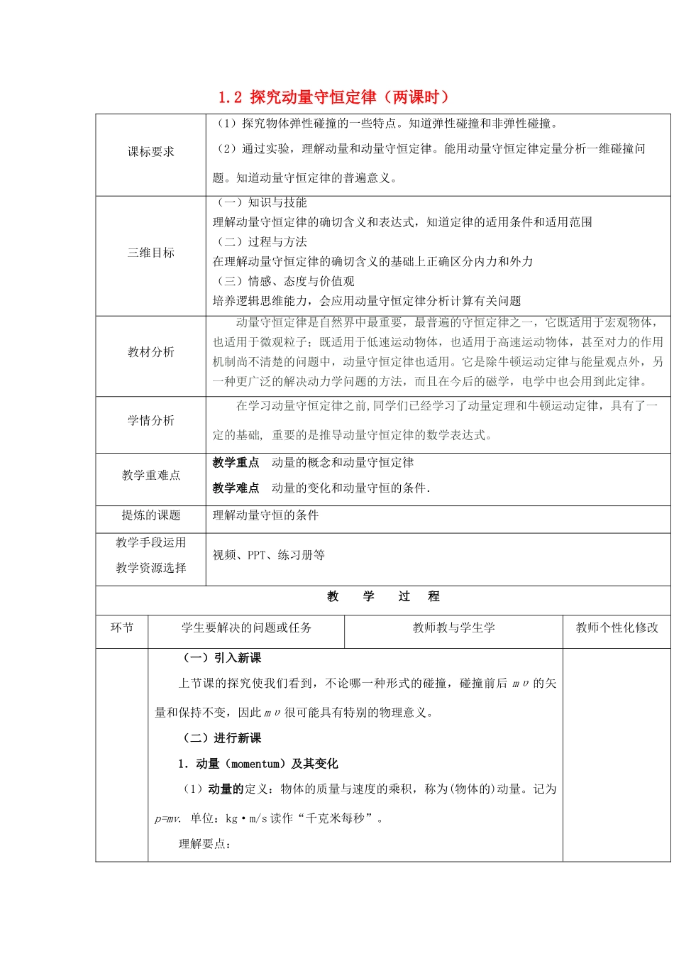 高中物理 第1章 碰撞与动量守恒 1.2 探究动量守恒定律教学设计 沪科版选修3-5-沪科版高二选修3-5物理教案_第1页