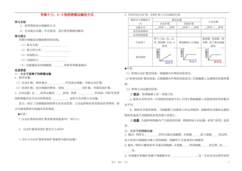 高中生物 物质跨膜运输的学案 新人教版必修1_第1页