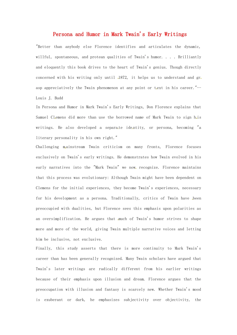 2014年秋高中英语 Module 3 Adventure in Literature and the Cinema Persona and Humor in Mark Twain's Early Writings训练 外研版必修5_第1页