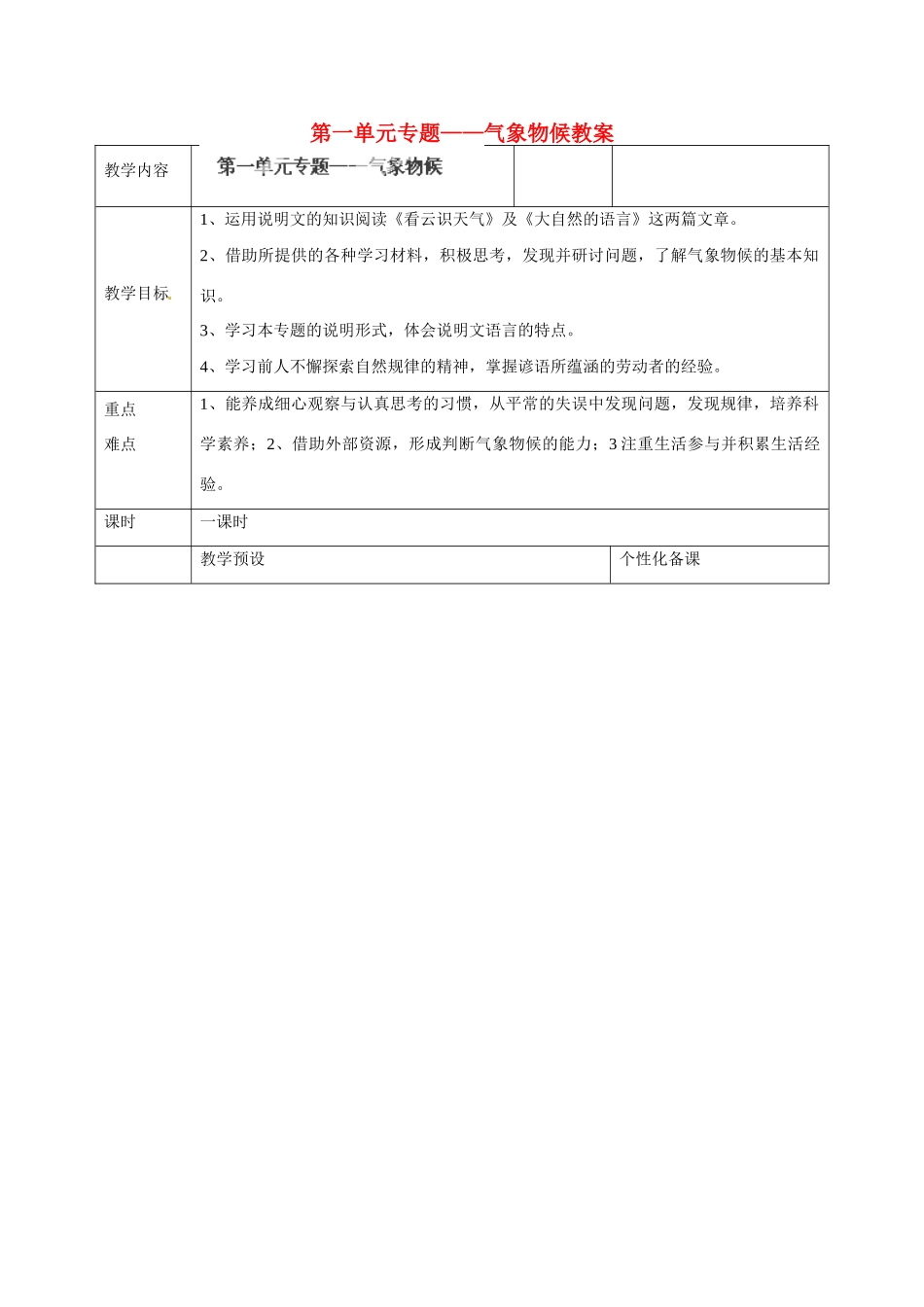江苏省金坛市茅麓中学九年级语文上册 第一单元专题——气象物候教案 苏教版_第1页