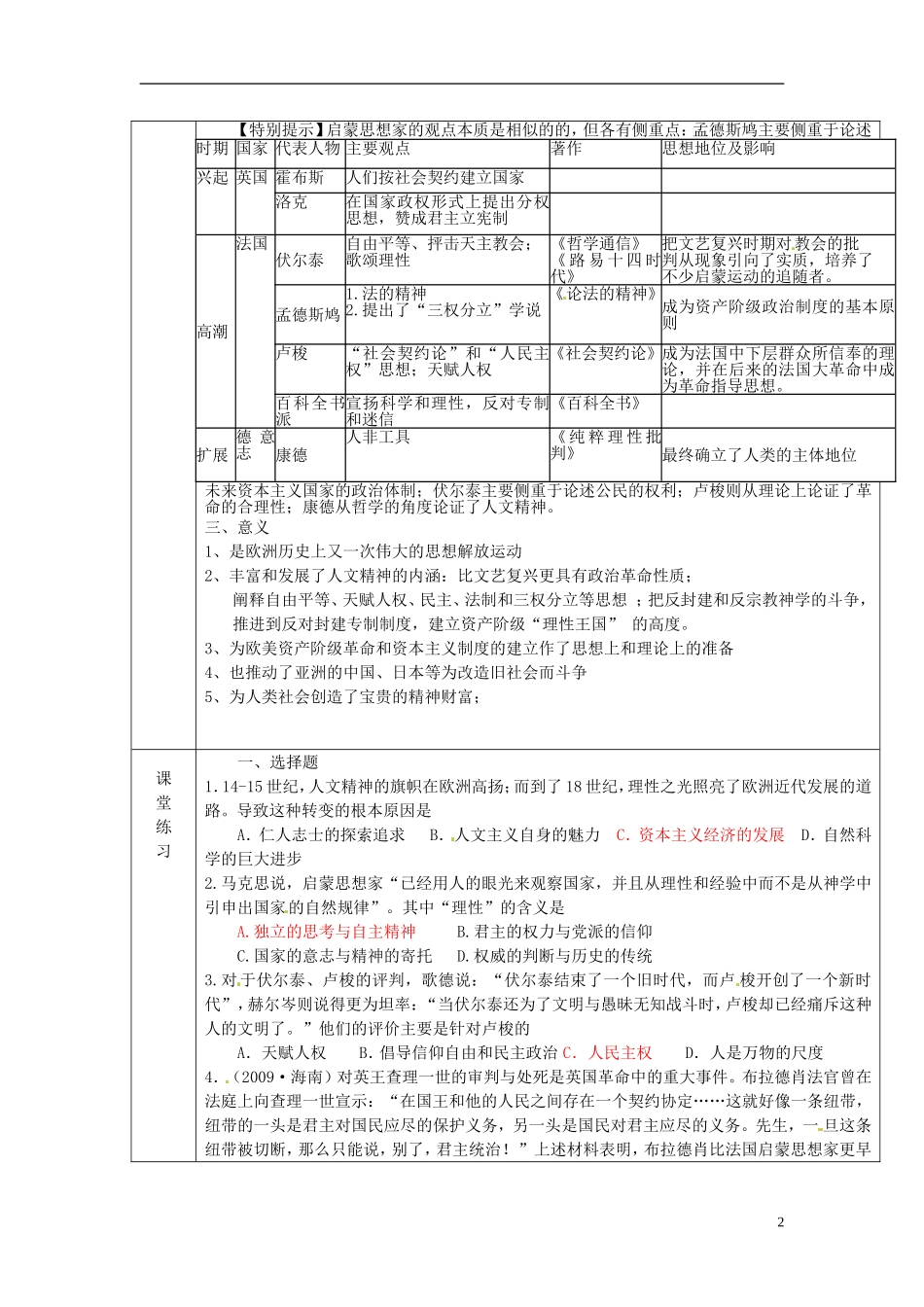 广东省德庆县孔子中学高中历史《第15课 理性之光》教案 岳麓版必修3_第2页
