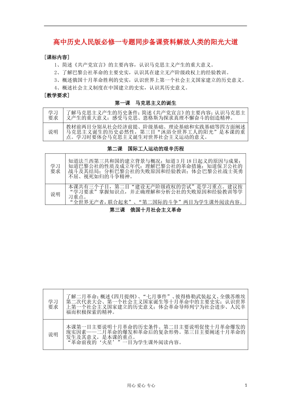 高中历史 专题同步备课资料解放人类的阳光大道 人民版必修1_第1页