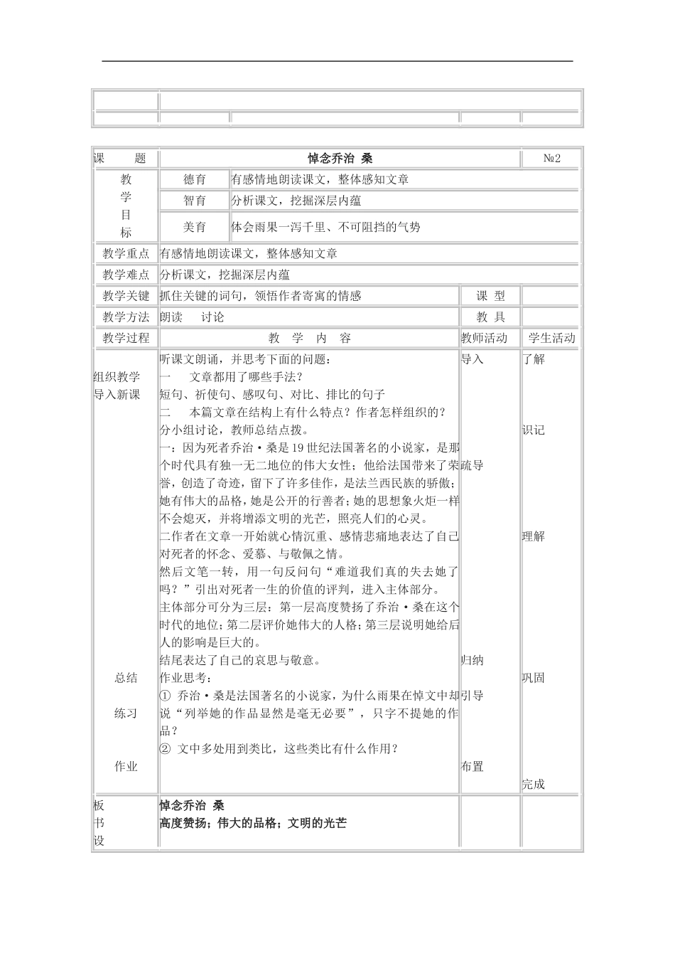 九年级语文上册《悼念乔治桑》教案1河大版_第2页