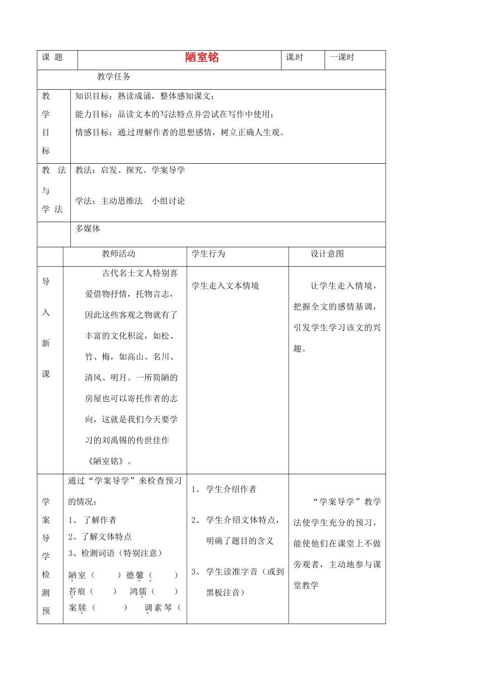 黑龙江省大庆市林甸二中八年级语文 《陋室铭》教案_第1页