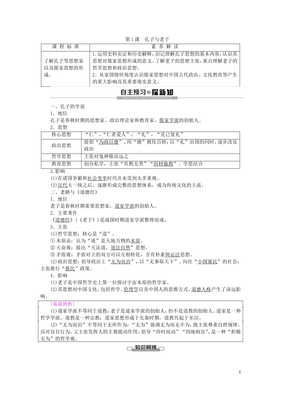 高中历史 第1单元 中国古代的思想与科技 第1课 孔子与老子教案（含解析）岳麓版必修3-岳麓版高二必修3历史教案_第1页