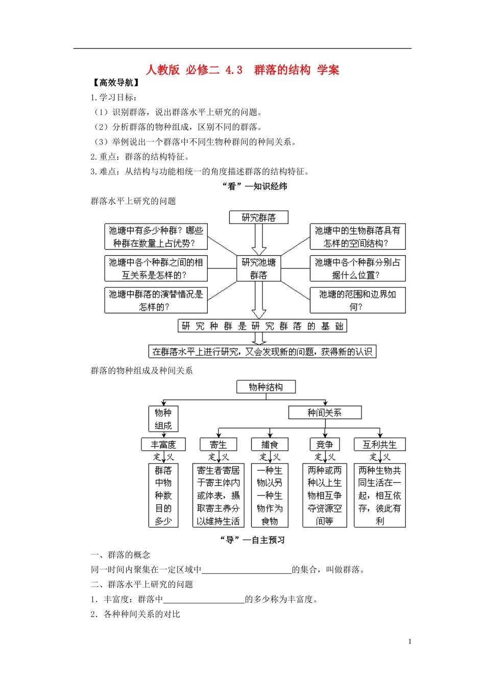 高中生物（高效导航+经典回眸+变式训练）群落的结构精品学案 新人教版必修3_第1页