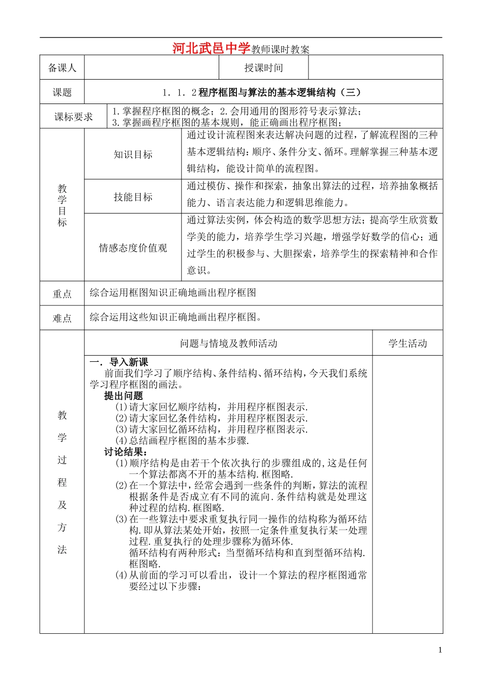 河北省武邑中学高中数学 程序框图的画法教案 新人教A版必修3_第1页