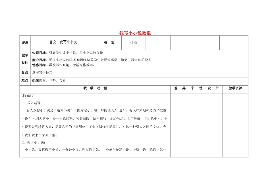 吉林省长春市第一零四中学九年级语文上册 我写小小说教案 长春版_第1页