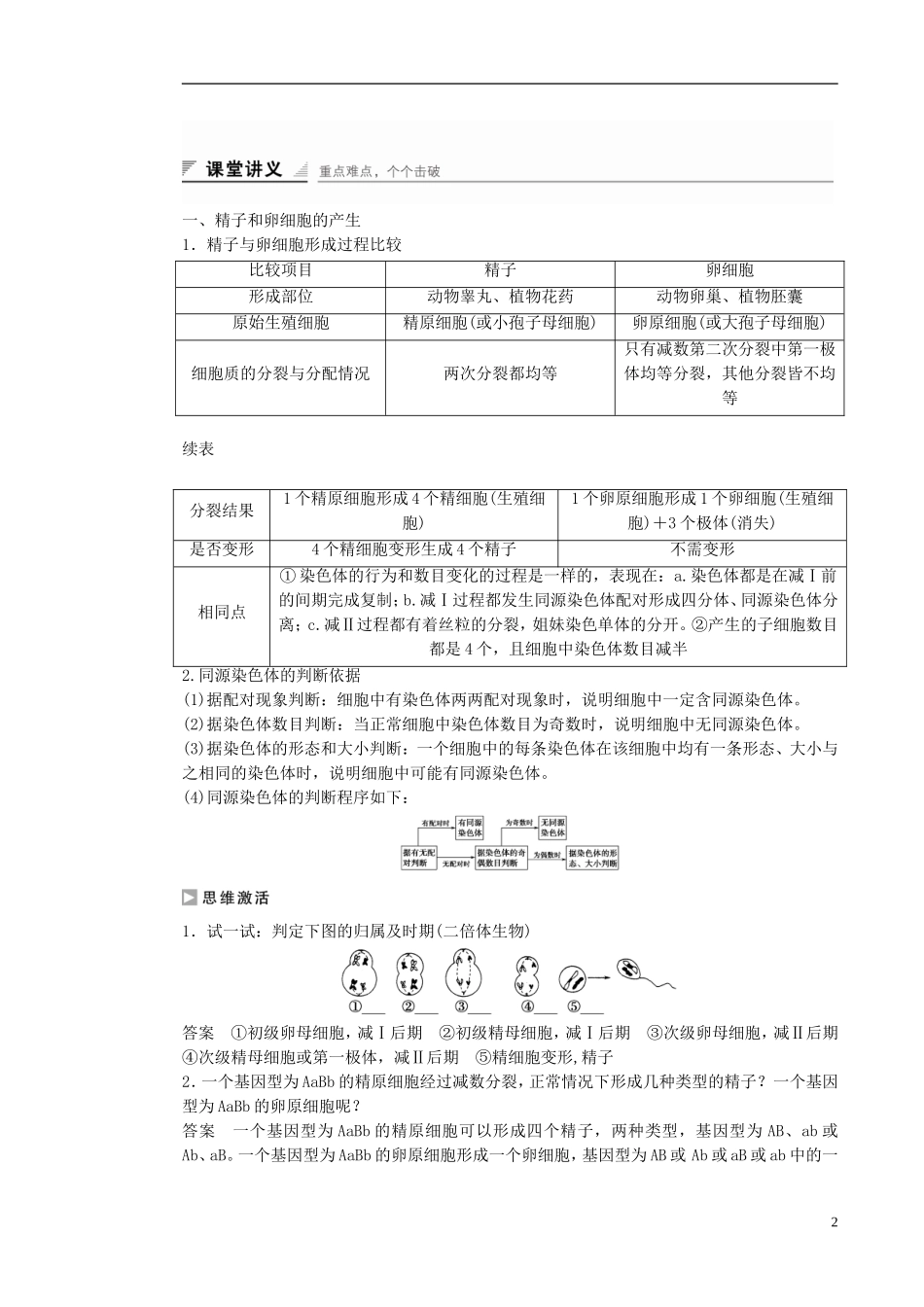 高中生物 第二章 第一节 精子与卵细胞的产生和受精及减数分裂的意义（第2课时）课时作业 浙科版必修2-浙科版高一必修2生物学案_第2页