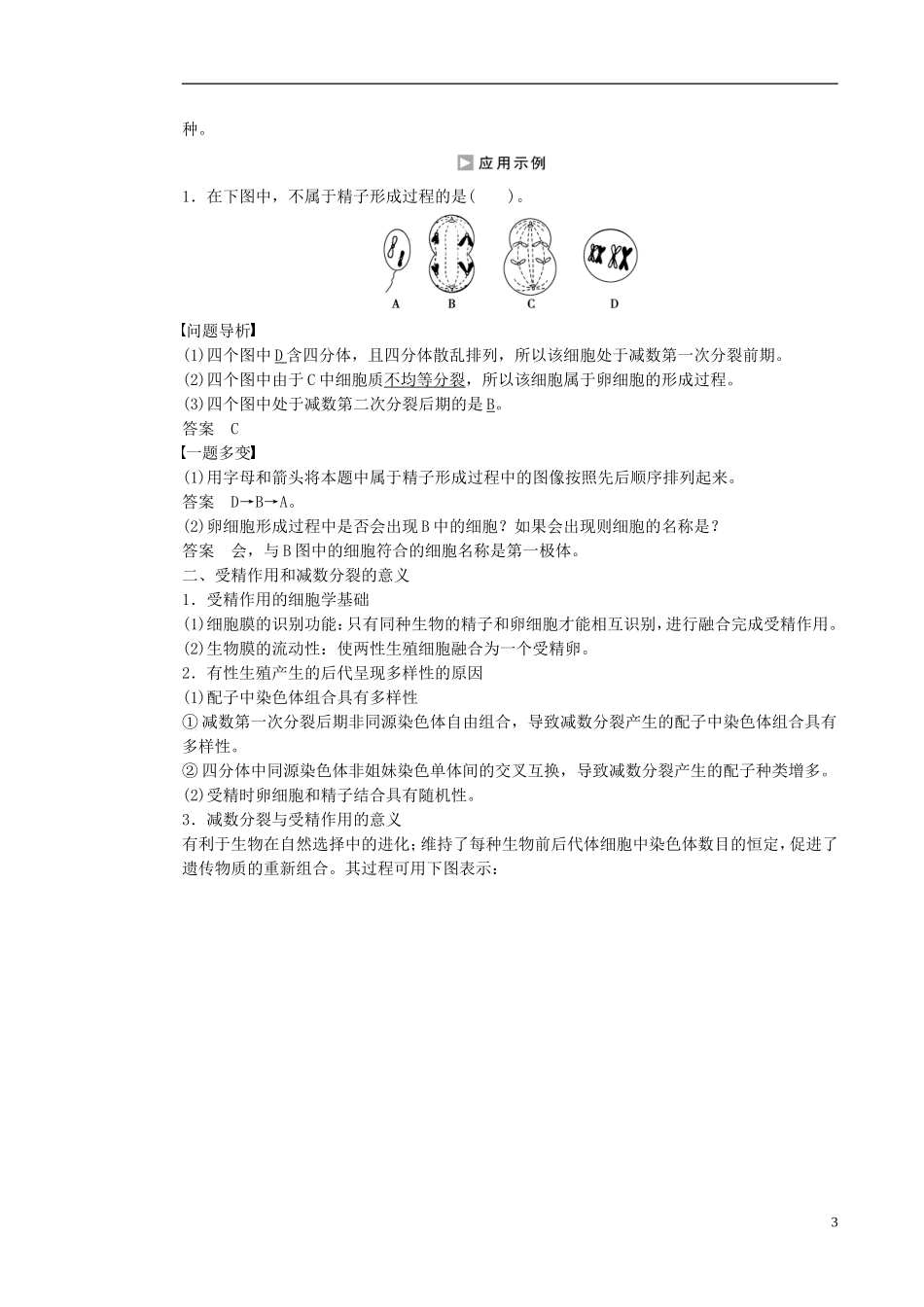 高中生物 第二章 第一节 精子与卵细胞的产生和受精及减数分裂的意义（第2课时）课时作业 浙科版必修2-浙科版高一必修2生物学案_第3页
