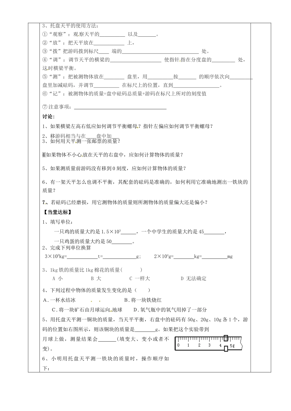 湖南省茶陵县世纪星实验学校九年级物理下册《质量》教案 湘教版_第2页