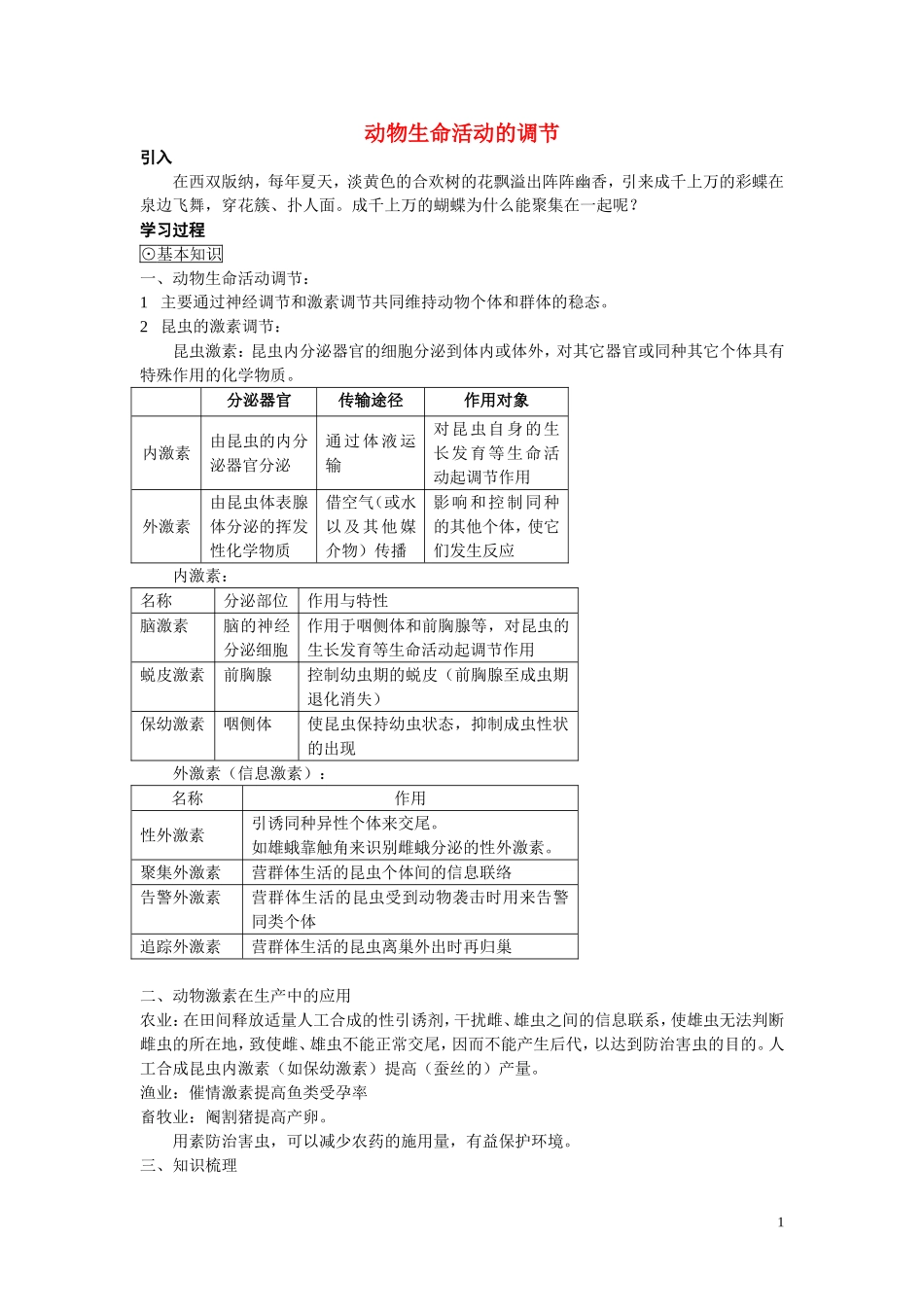 高中生物《动物生命活动的调节》学案2 苏教版必修3_第1页