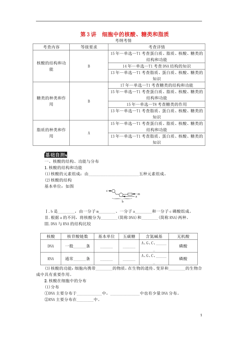 （江苏专用）高考生物一轮总复习 第1单元 细胞的分子组成 第3讲 细胞中的核酸、糖类和脂质学案-人教版高三全册生物学案_第1页