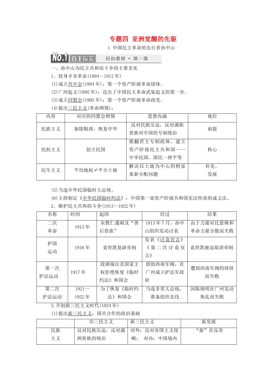 高中历史 专题四 亚洲觉醒的先驱教案（含解析）（选修4）-人教版高二选修4历史教案_第1页