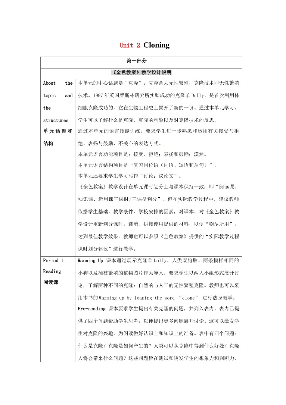 2014-2015学年高中英语 Unit 2 Cloning教学设计2 新人教版选修8_第1页