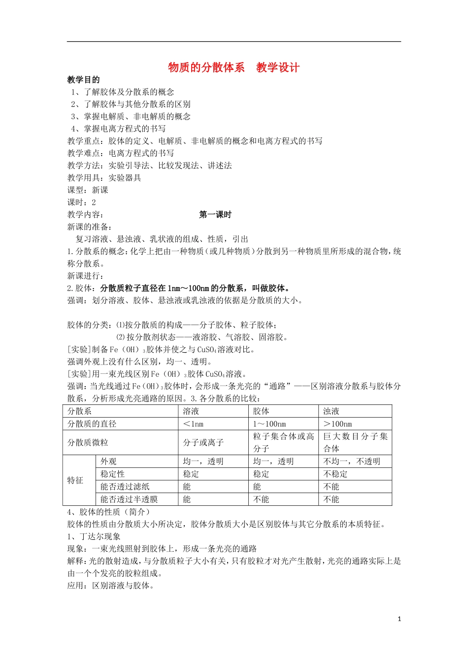 2013-2014学年高中化学 1.1.4 物质的分散体系(第1课时) 教学设计 苏教版必修1_第1页