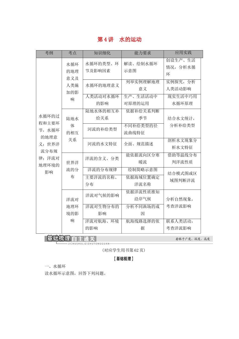 高考地理一轮复习 第1部分 第2章 自然地理环境中的物质运动和能量交换 第4讲 水的运动学案 中图版-中图版高三全册地理学案_第1页
