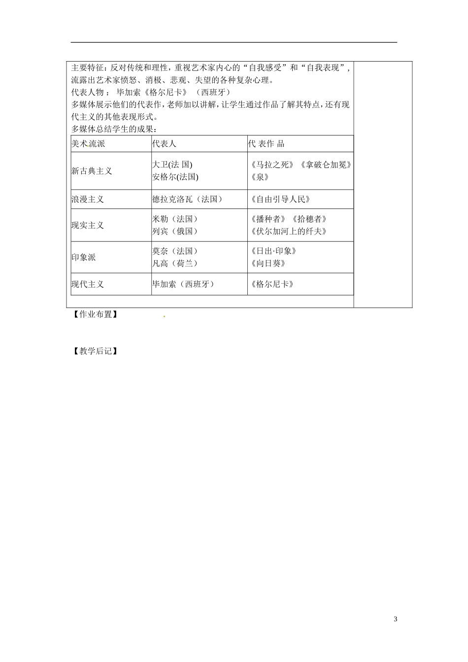 江苏省江阴市成化高级中学高中历史 第23课 美术的辉煌教案 新人教版必修3 _第3页