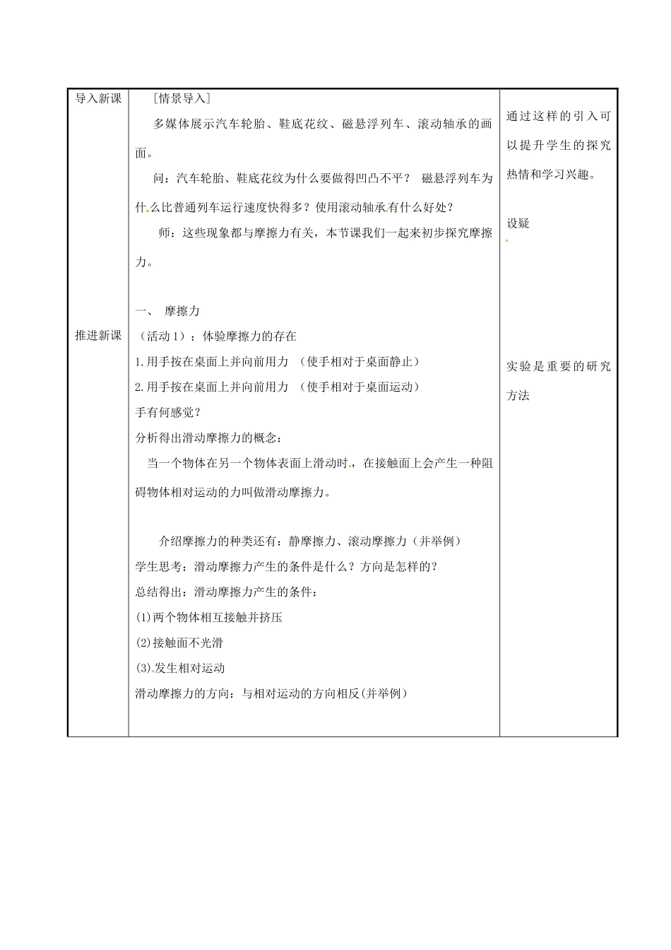 福建省南安市八年级物理全册 6.5科学探究 摩擦力教学设计 （新版）沪科版-（新版）沪科版初中八年级全册物理教案_第2页