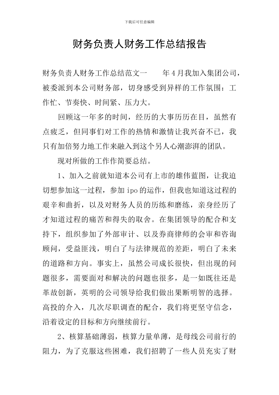 财务负责人财务工作总结报告_第1页