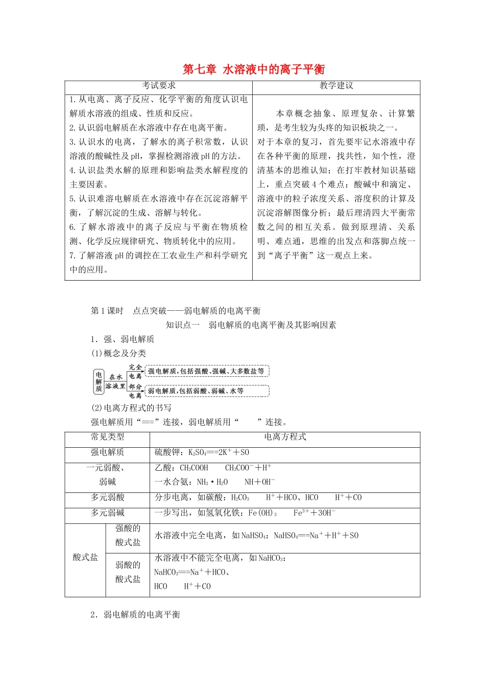 （新课改省份专版）高考化学一轮复习 7.1 点点突破 弱电解质的电离平衡学案（含解析）-人教版高三全册化学学案_第1页
