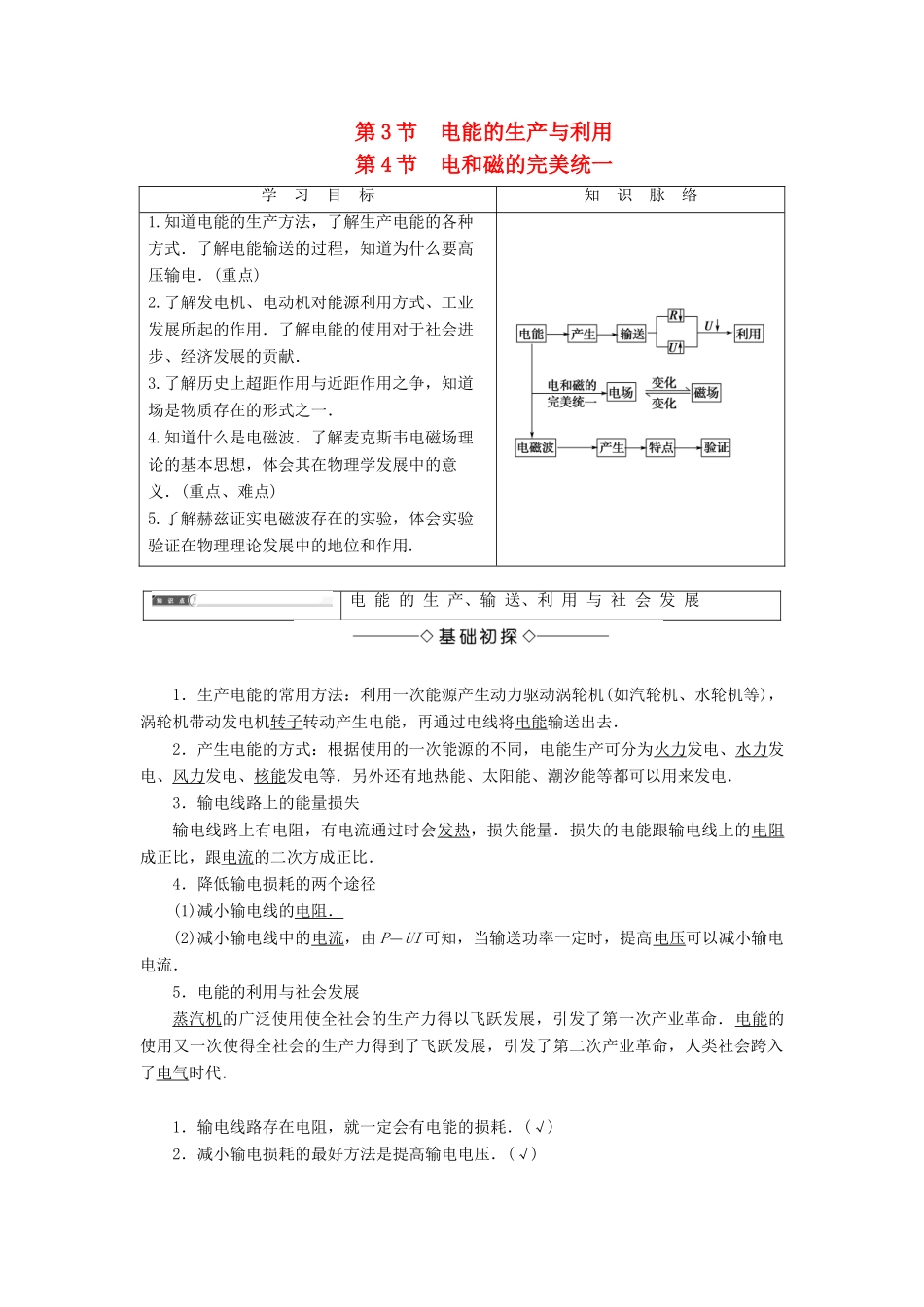 高中物理 第4章 揭开电磁关系的奥秘 第3节 电能的生产与利用 第4节 电和磁的完美统一学案 鲁科版选修1-1-鲁科版高二选修1-1物理学案_第1页