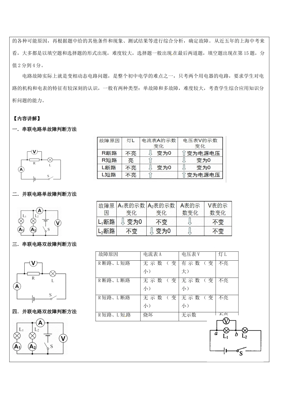 浙江省中考科学讲义复习 八年级科学部分 第7讲 电路故障与分析 浙教版-浙教版初中九年级全册自然科学教案_第2页