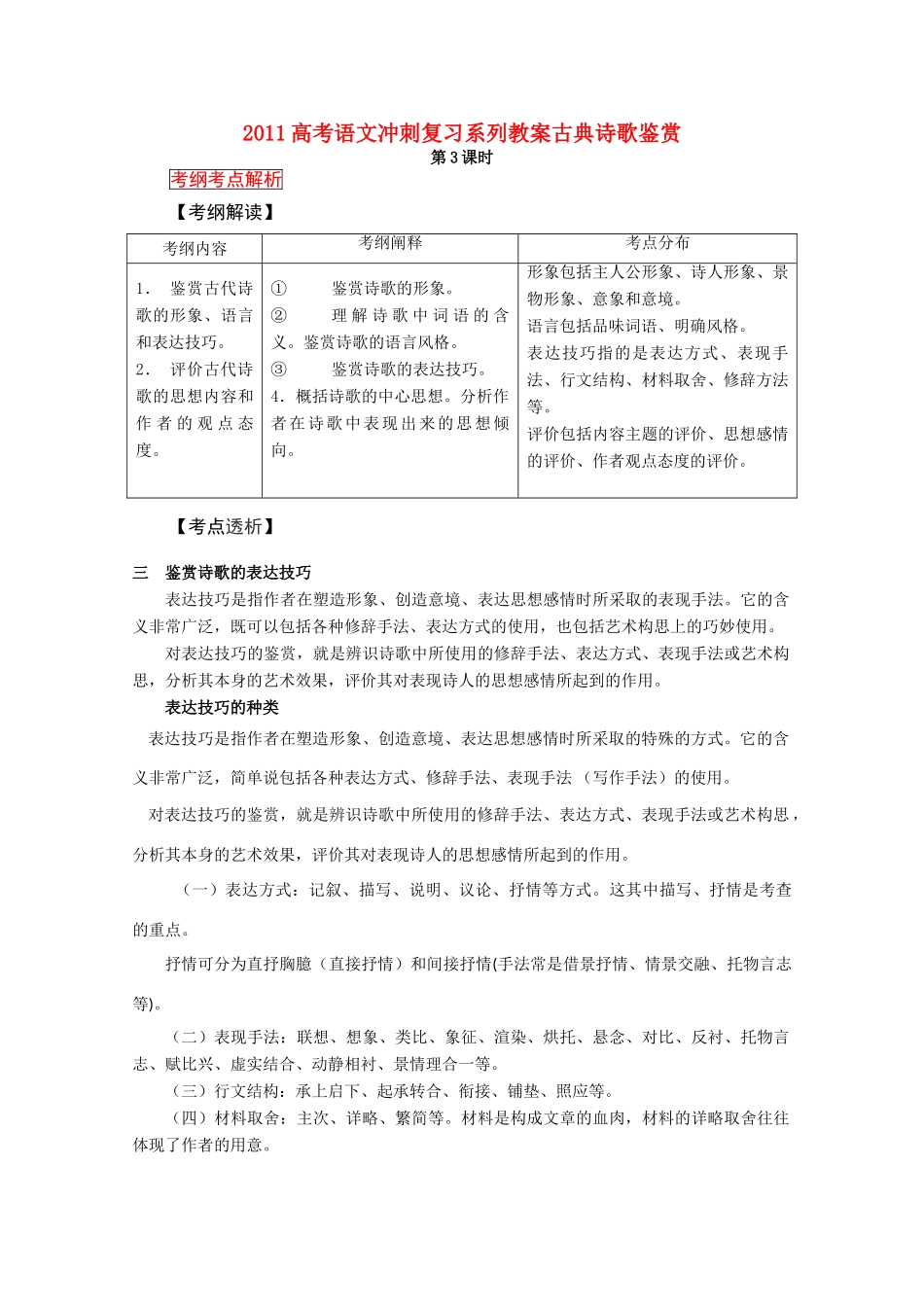 2011高考语文冲刺复习 古典诗歌鉴赏第3课时系列教案_第1页