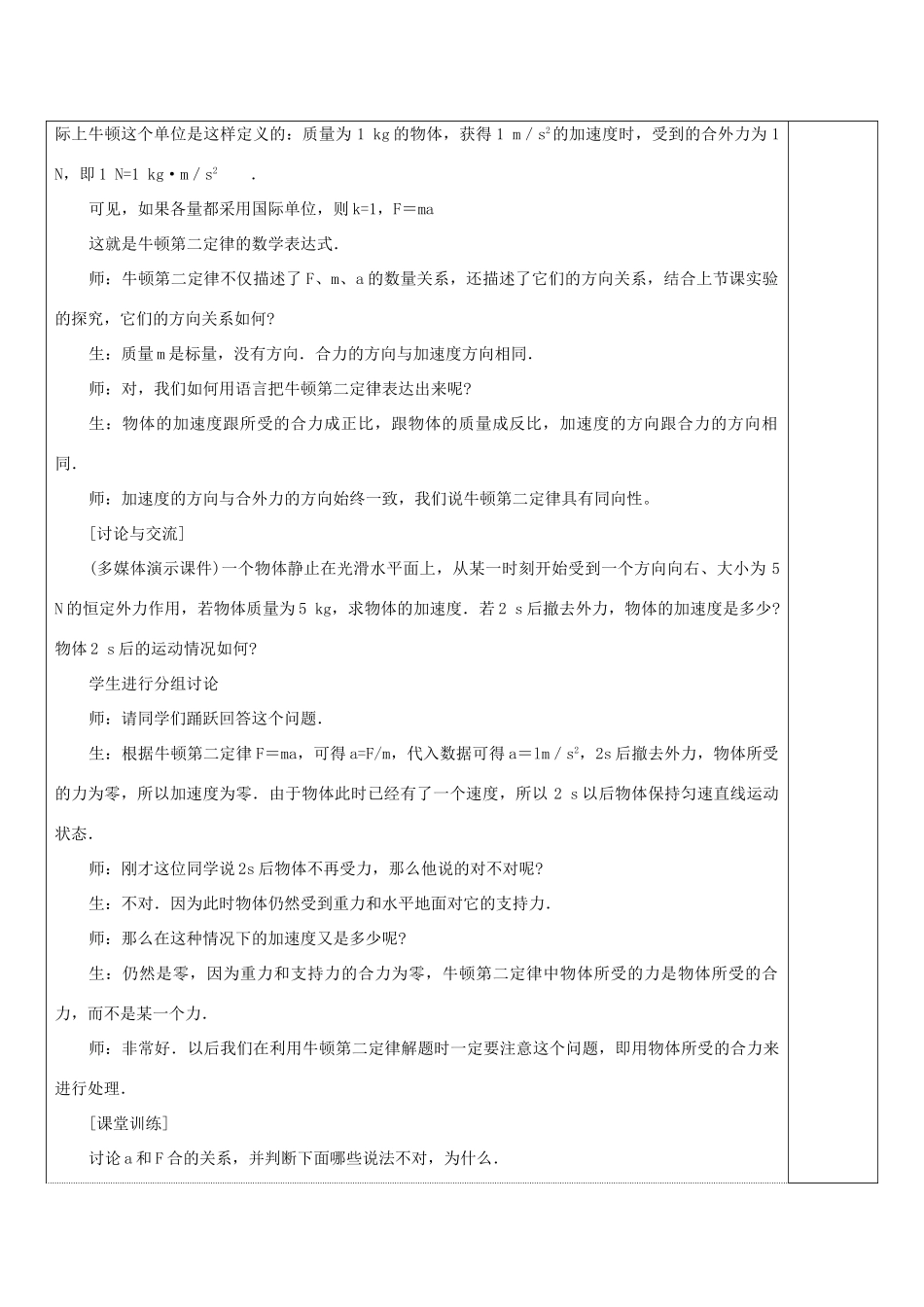 高中物理 第四章 牛顿运动定律 4.3 牛顿第二定律教案6 新人教版必修1-新人教版高一必修1物理教案_第2页