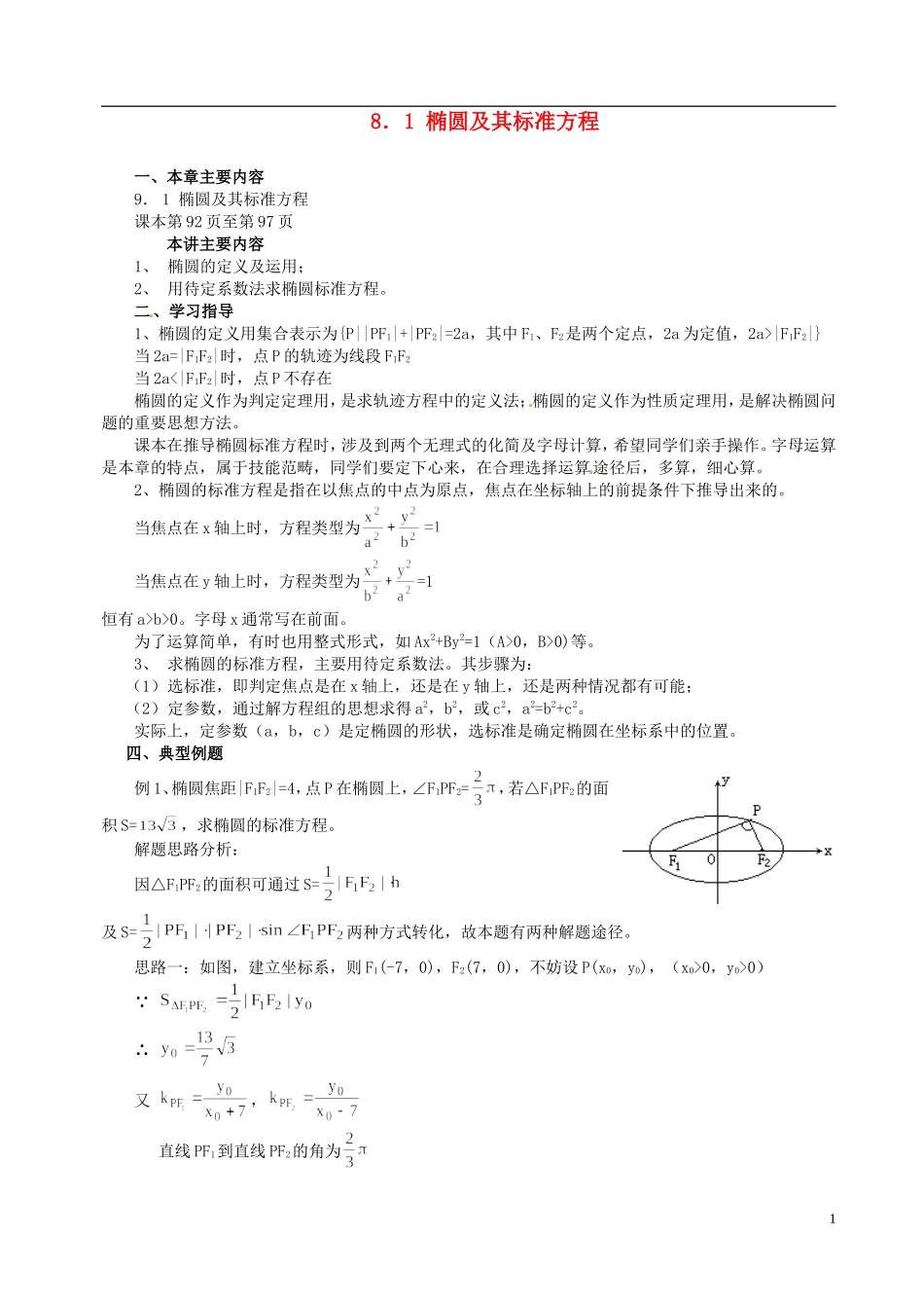 山东省冠县武训高级中学高二数学 8.1 椭圆及其标准方程同步辅导教材_第1页