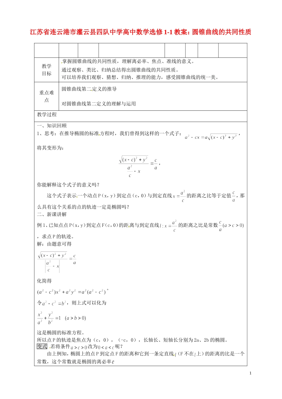 江苏省连云港市灌云县四队中学高中数学 圆锥曲线的共同性质教案 苏教版选修1-1_第1页