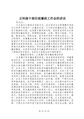正科级干部任前廉政工作会的讲话发言