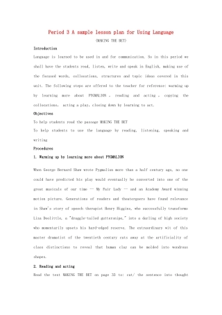 2014-2015学年高中英语 Unit 4 Period 3 A sample lesson plan for Using Language教学设计 新人教版选修8