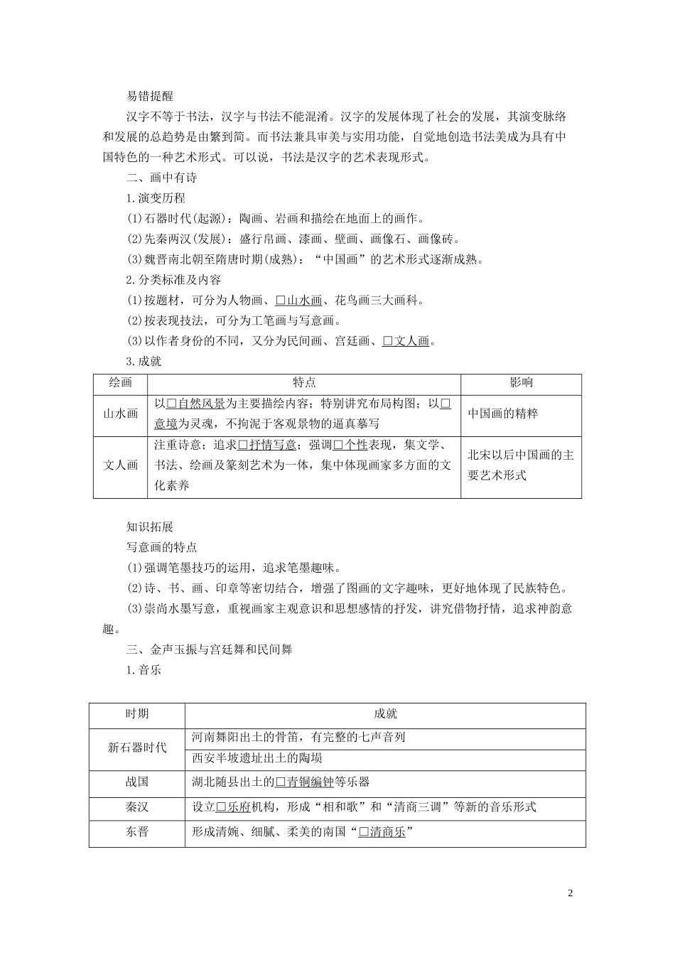 高中历史 专题二 古代中国的科学技术与文化 第2课 中国的古代艺术讲义 人民版必修3-人民版高二必修3历史教案_第2页