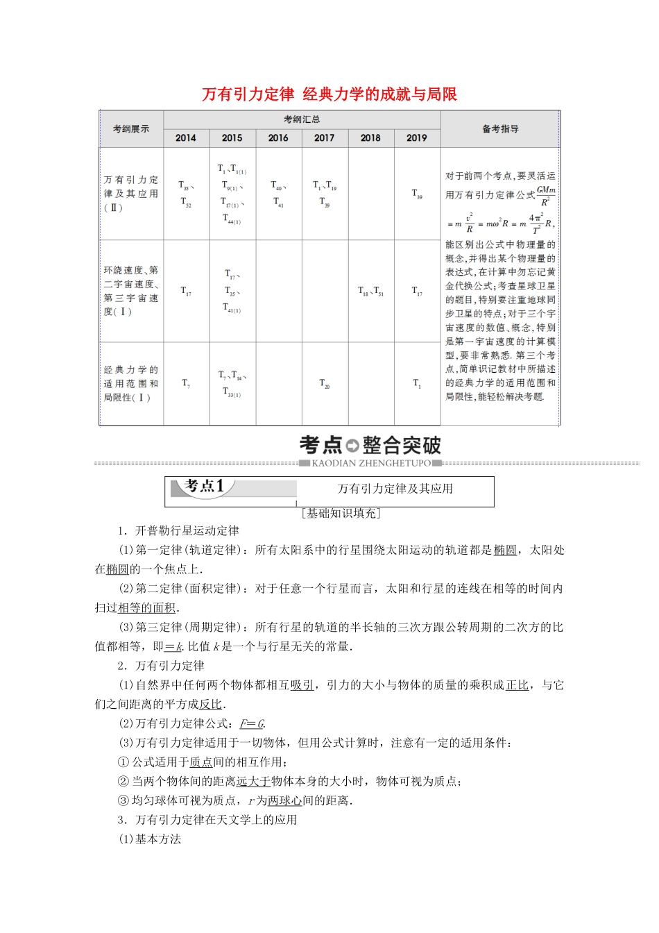 高中物理 学业水平测试冲A 第5章 万有引力定律 经典力学的成就与局限教案（含解析）-人教版高二全册物理教案_第1页