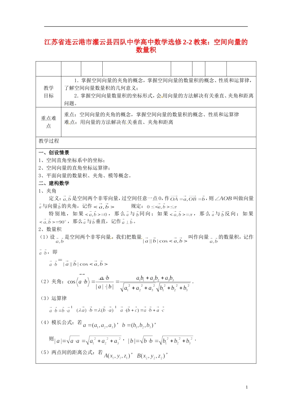 江苏省连云港市灌云县四队中学高中数学 空间向量的数量积教案 苏教版选修2-2_第1页