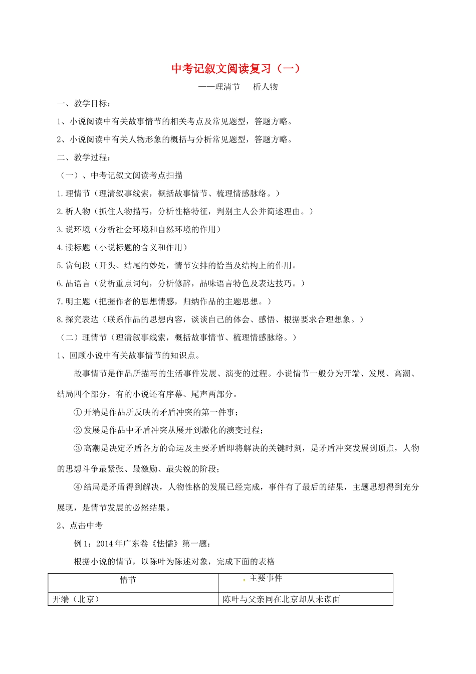 江苏省江都市中考语文 记叙文阅读复习教案（一）-人教版初中九年级全册语文教案_第1页
