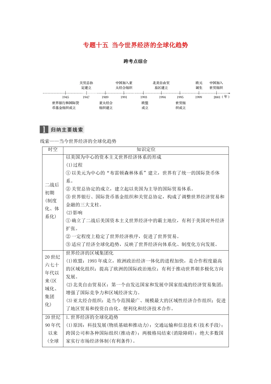 （浙江选考）高考历史一轮总复习 专题十五 当今世界经济的全球化趋势跨考点综合学案-人教版高三全册历史学案_第1页