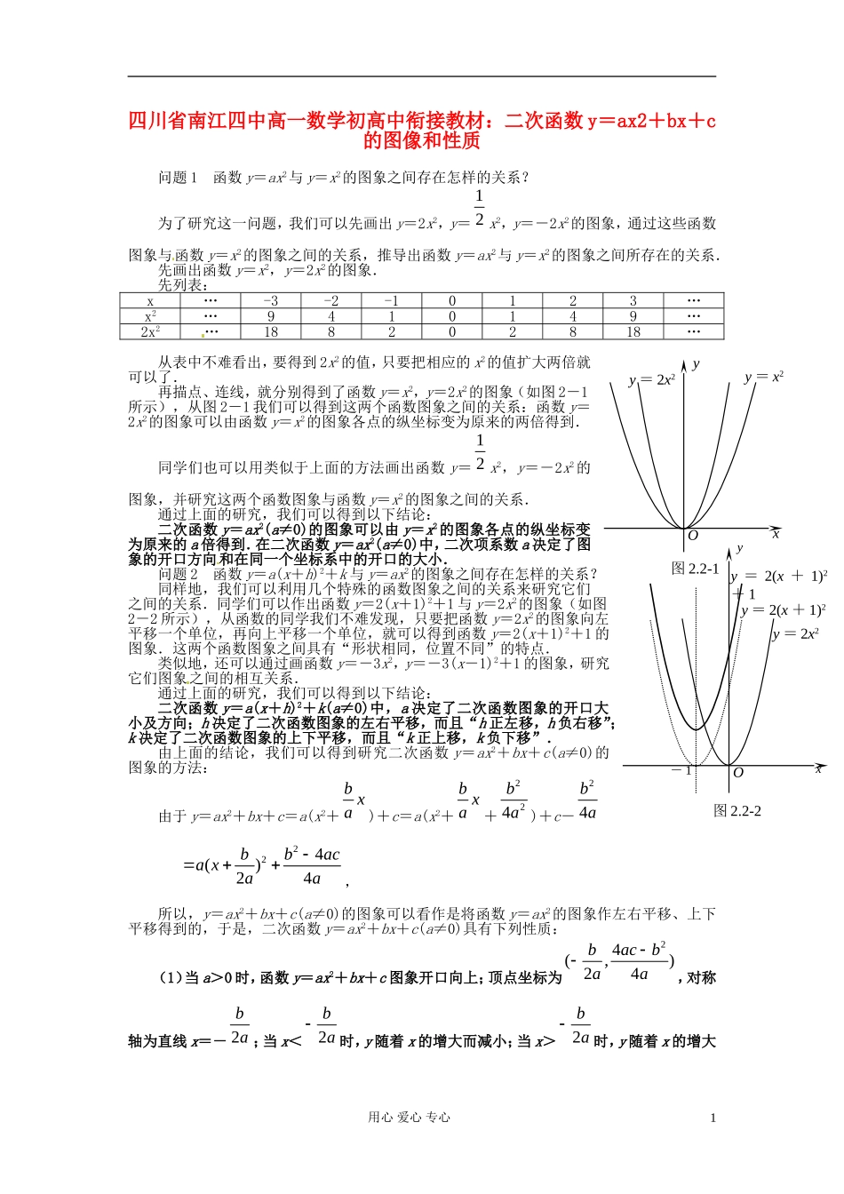 【初高中】四川省南江四中高一数学衔接教材 二次函数y＝ax2＋bx＋c的图像和性质_第1页