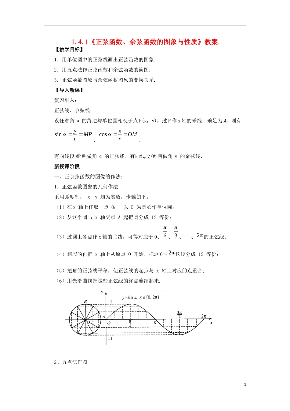 【四维备课】高中数学 1.4.1《正弦函数、余弦函数的图象与性质》教学设计 新人教A版必修4_第1页