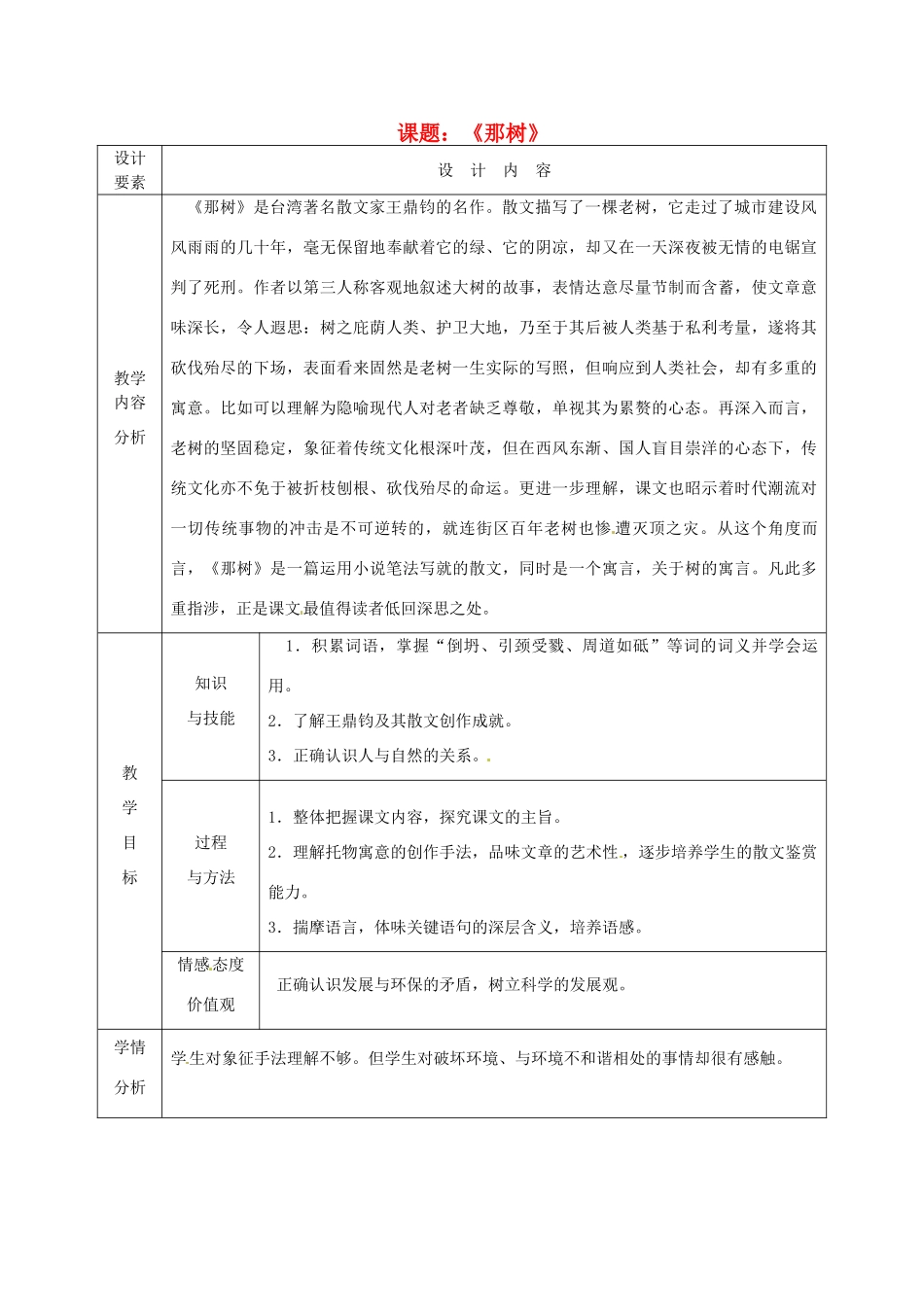 新疆精河县八十二团中学九年级语文下册《那树》教学设计 新人教版_第1页