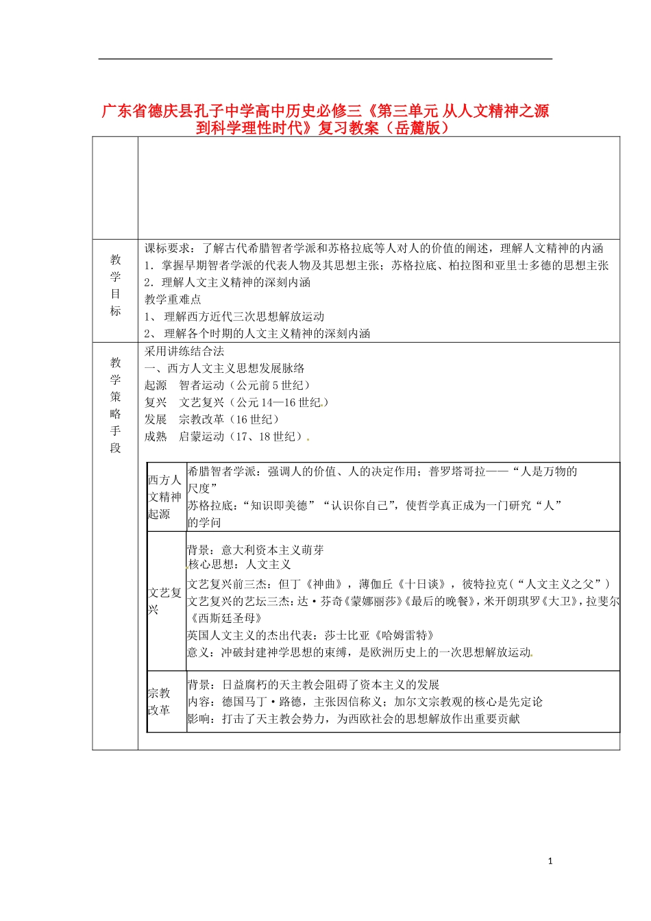 广东省德庆县孔子中学高中历史《第三单元 从人文精神之源到科学理性时代》复习教案 岳麓版必修3_第1页