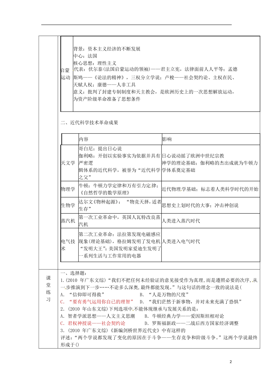 广东省德庆县孔子中学高中历史《第三单元 从人文精神之源到科学理性时代》复习教案 岳麓版必修3_第2页